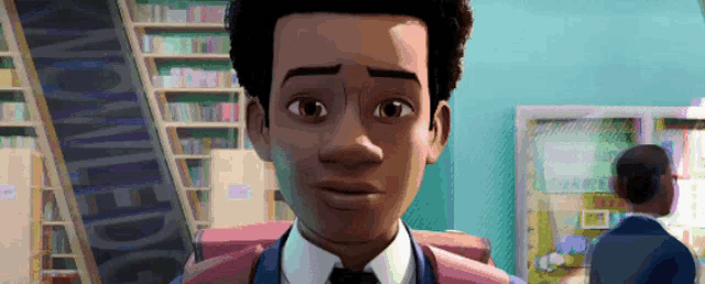 miles morales from spider-man into the spider-verse is looking at the camera in a library .