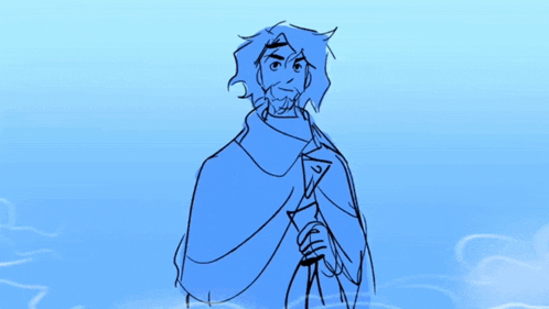 a drawing of a man surrounded by snowmen in a blue background