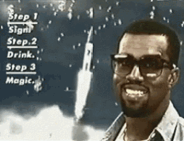 a man wearing glasses is smiling in front of a rocket with the words step 1 sight step 2 drink step 3 magic