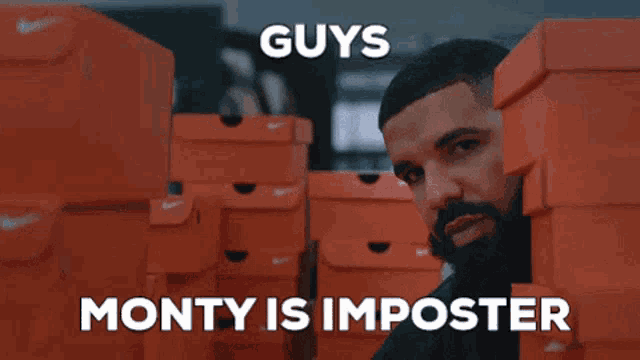 a stack of orange nike boxes with the words guys monty is imposter