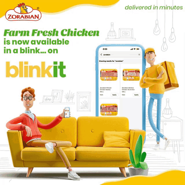 an advertisement for zorabian chicken shows a man sitting on a couch