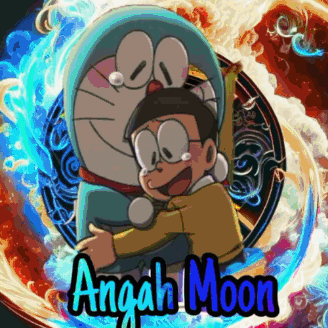 a picture of doraemon and nobita hugging each other with the words angka moon below them