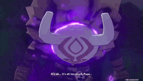 a video game character is holding a purple object and says `` it 's all too much , papa .