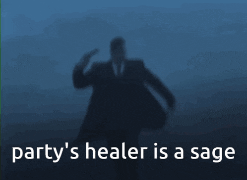 a man in a suit and tie is pointing a gun at his head with the words party 's healer is a sage below