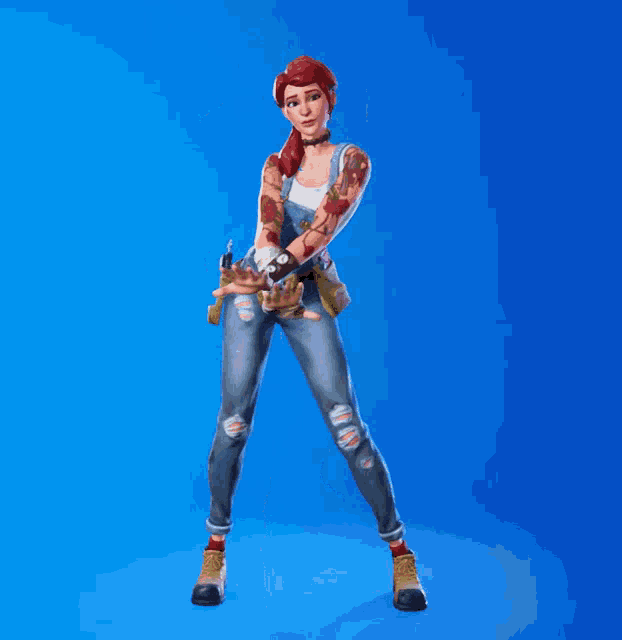 a woman in overalls and boots is dancing on a blue background