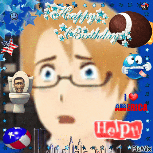 a picture of a man with glasses and the words happy birthday on the top