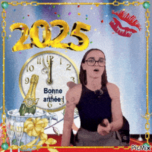 a woman is standing in front of a clock that says 2025 on it