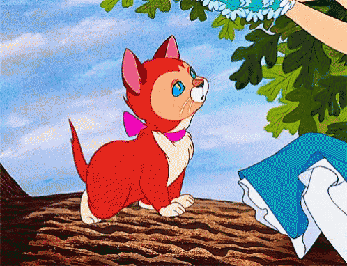 a cartoon cat with a pink bow on its neck is sitting on a tree branch