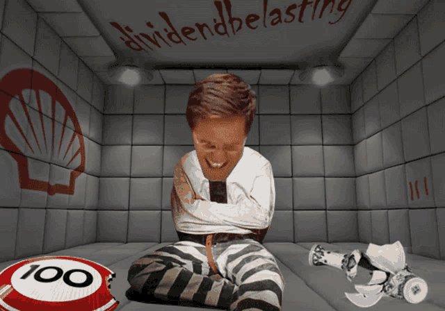 a man in a straight jacket sits in a cell with the word dividend belasting written on the wall