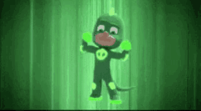 a cartoon character in a green costume is standing in front of a green curtain .