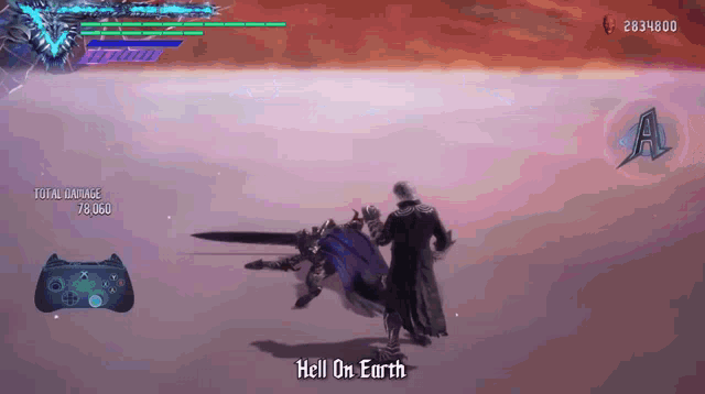 a video game screen shows a man standing next to a sword and the words hell on earth