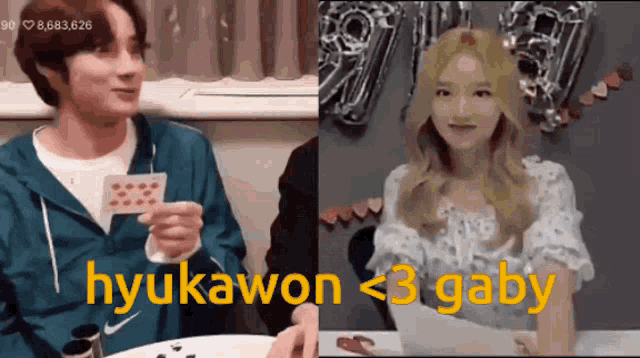 a man holding a playing card next to a woman with the words hyukawawon < 3 gaby written on the bottom