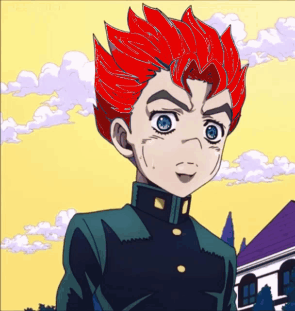 a cartoon character with red hair and blue eyes is standing in front of a building