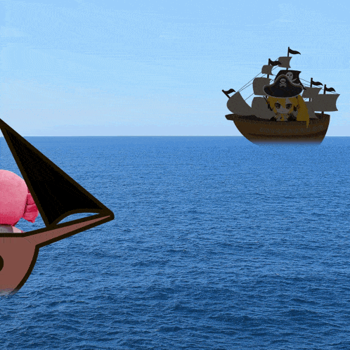 a pirate ship is floating in the ocean with a girl on it