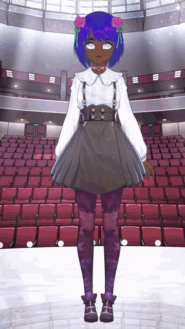 a girl with purple hair and purple tights is standing in front of empty red seats