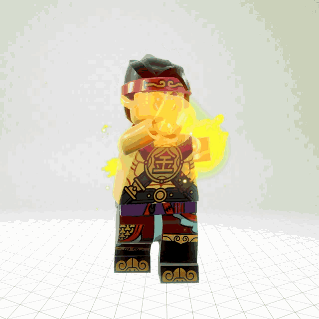 a lego figure with a chinese symbol on his shirt
