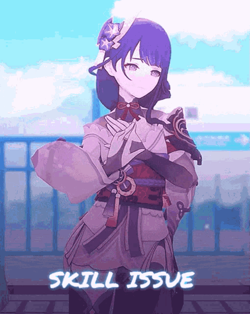 a purple anime character with the words skill issue written below her