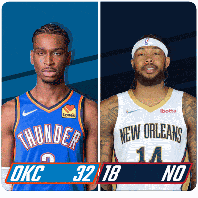 two basketball players from okc and new orleans are shown