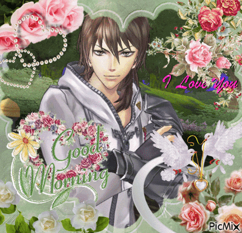 a good morning greeting card with a man and flowers