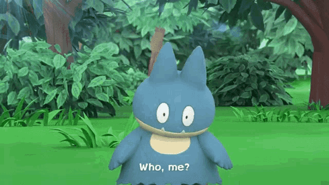 a cartoon character is standing in the grass and asking who me