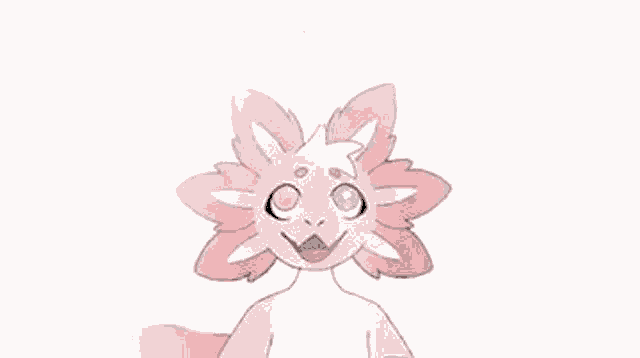 a pink axolotl with blue and yellow eyes is standing on a white surface .