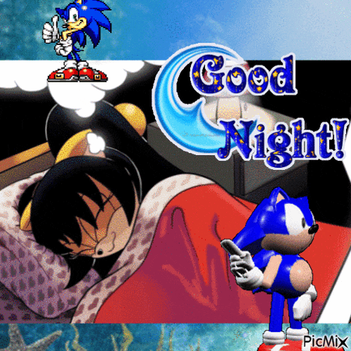 a cartoon of a girl sleeping and a cartoon of sonic saying " good night "