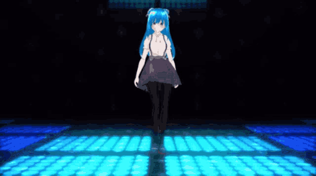a girl with blue hair is standing in a dark room with blue lights