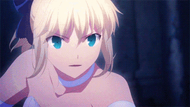 a blonde anime girl with blue eyes is wearing a white dress and gloves .