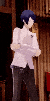 a man with purple hair and a white shirt is standing in front of a wooden wall