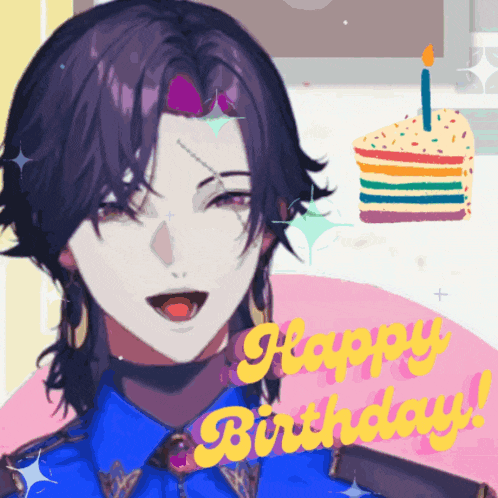 a happy birthday greeting card with a purple haired anime character
