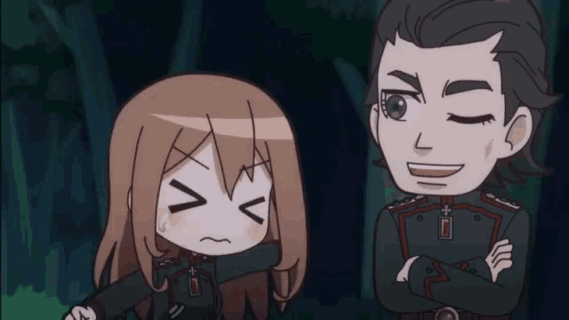 a man and a girl are standing next to each other in a cartoon