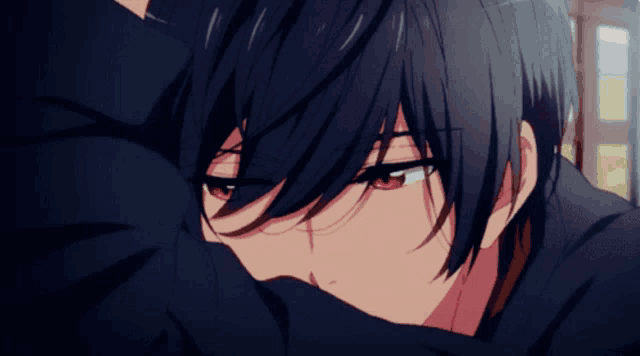 a close up of a person with red eyes and black hair