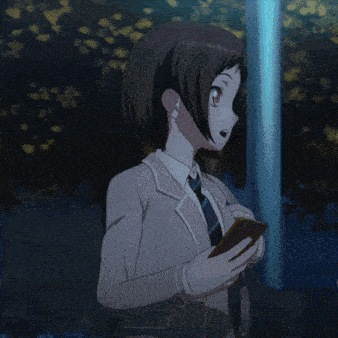 two anime girls are standing next to each other one is looking at her phone
