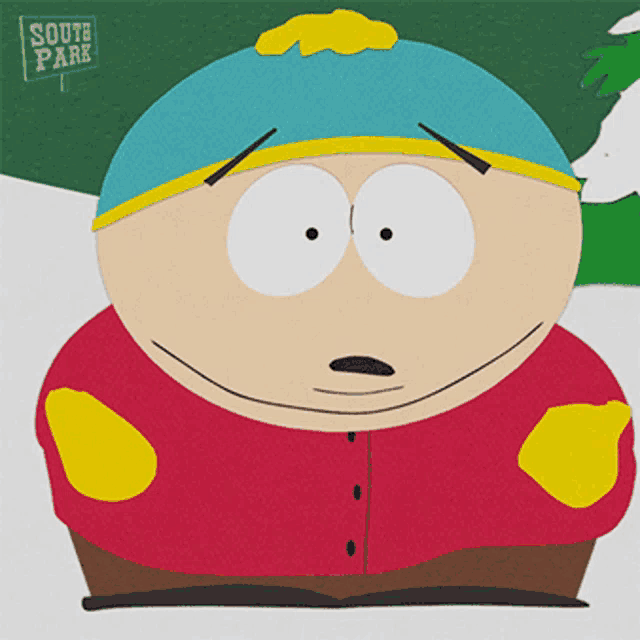 a cartoon character from south park is smiling in front of a green sign that says south park
