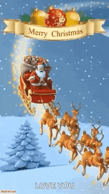 santa claus is flying in a sleigh pulled by reindeer in the sky .