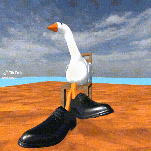 a white goose sitting on a chair with a pair of black shoes on its feet