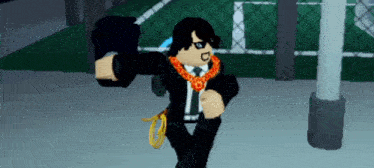 a roblox character wearing a suit and tie is holding a gun .
