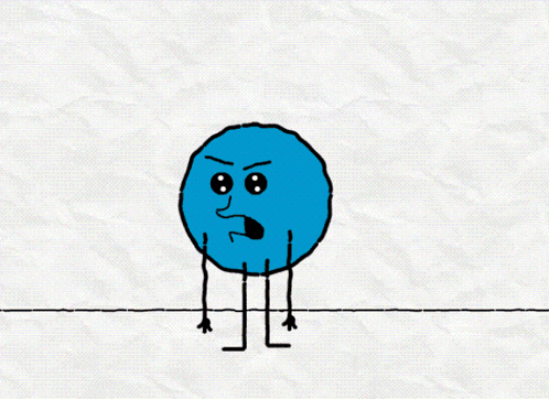 a cartoon drawing of a blue ball with arms and legs making an angry face
