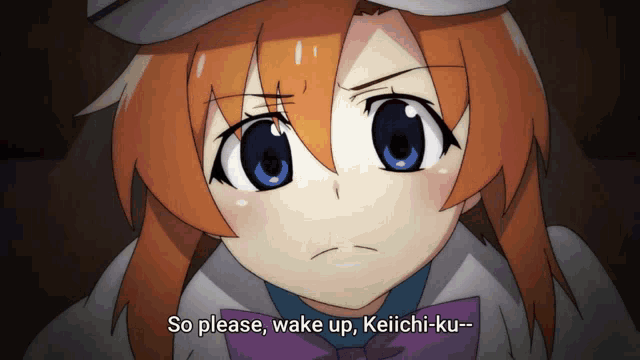 a close up of a anime character with the words so please wake up keiichi-ku
