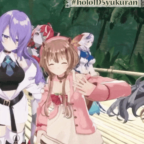 a group of anime girls standing next to each other with a sign that says #holold5yukuran in the background