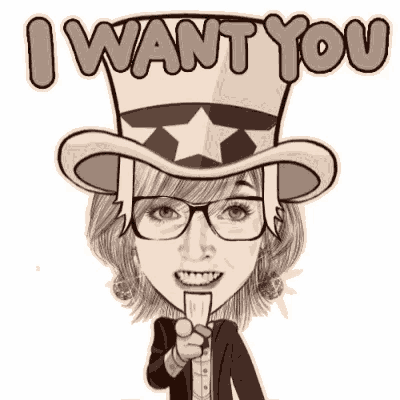 a woman wearing a top hat and glasses is pointing at the camera and saying i want you