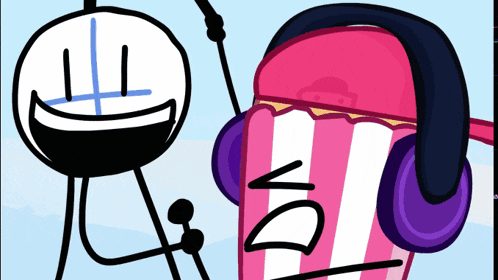 a cartoon character wearing headphones and a popcorn bucket