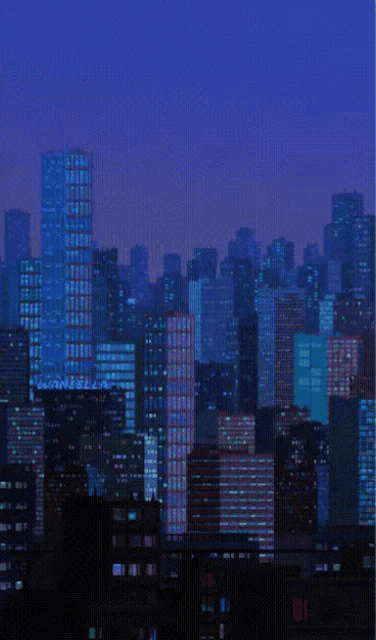 a pixel art of a city skyline at night with a blue sky in the background