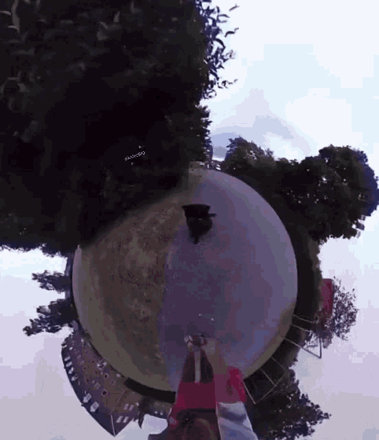 a person is taking a picture of a globe with a few trees and buildings