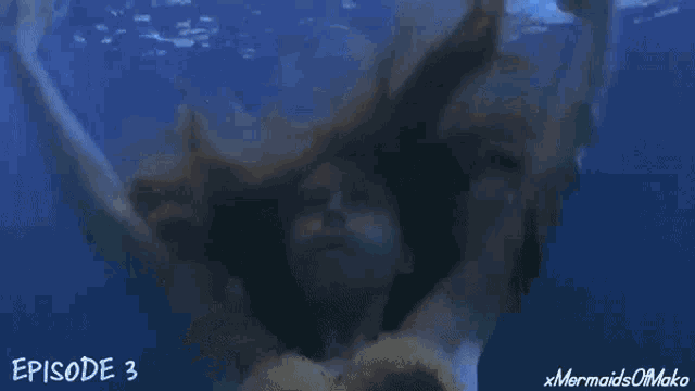 a woman in a mermaid costume is floating in the water with the words episode 3 below her