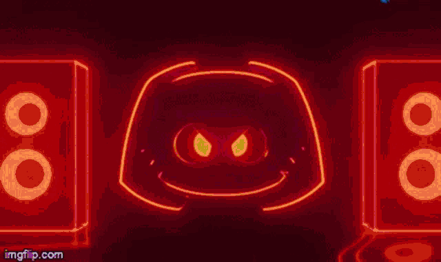 a neon discord logo is surrounded by pink speakers and a smiley face .