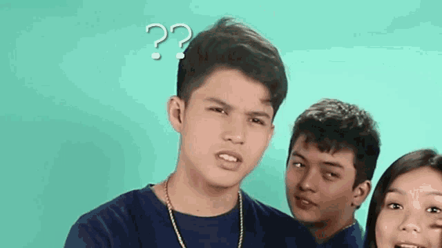 a young man is making a funny face with a question mark above his head