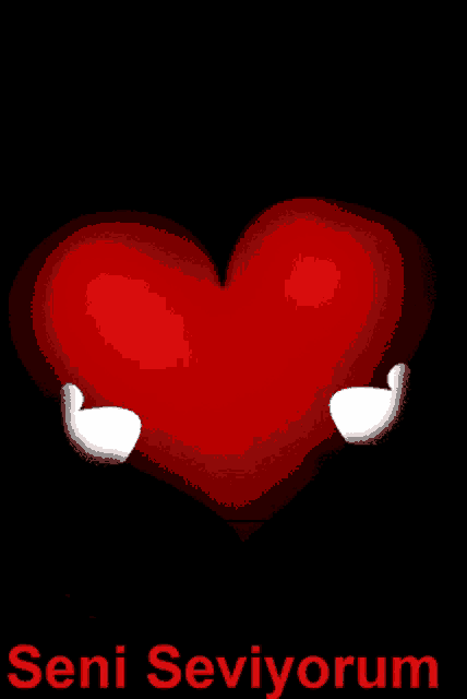 a red heart with white hands holding it with the words seni seviyorum below it