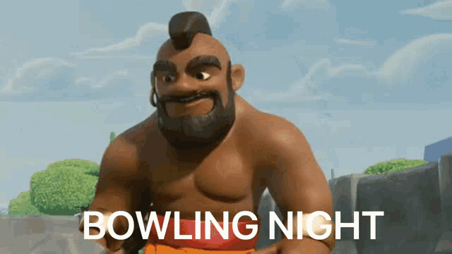 a cartoon character with the words bowling night written on the bottom