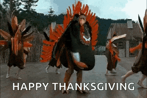 a group of people dressed as turkeys are dancing in front of a thatched roof .